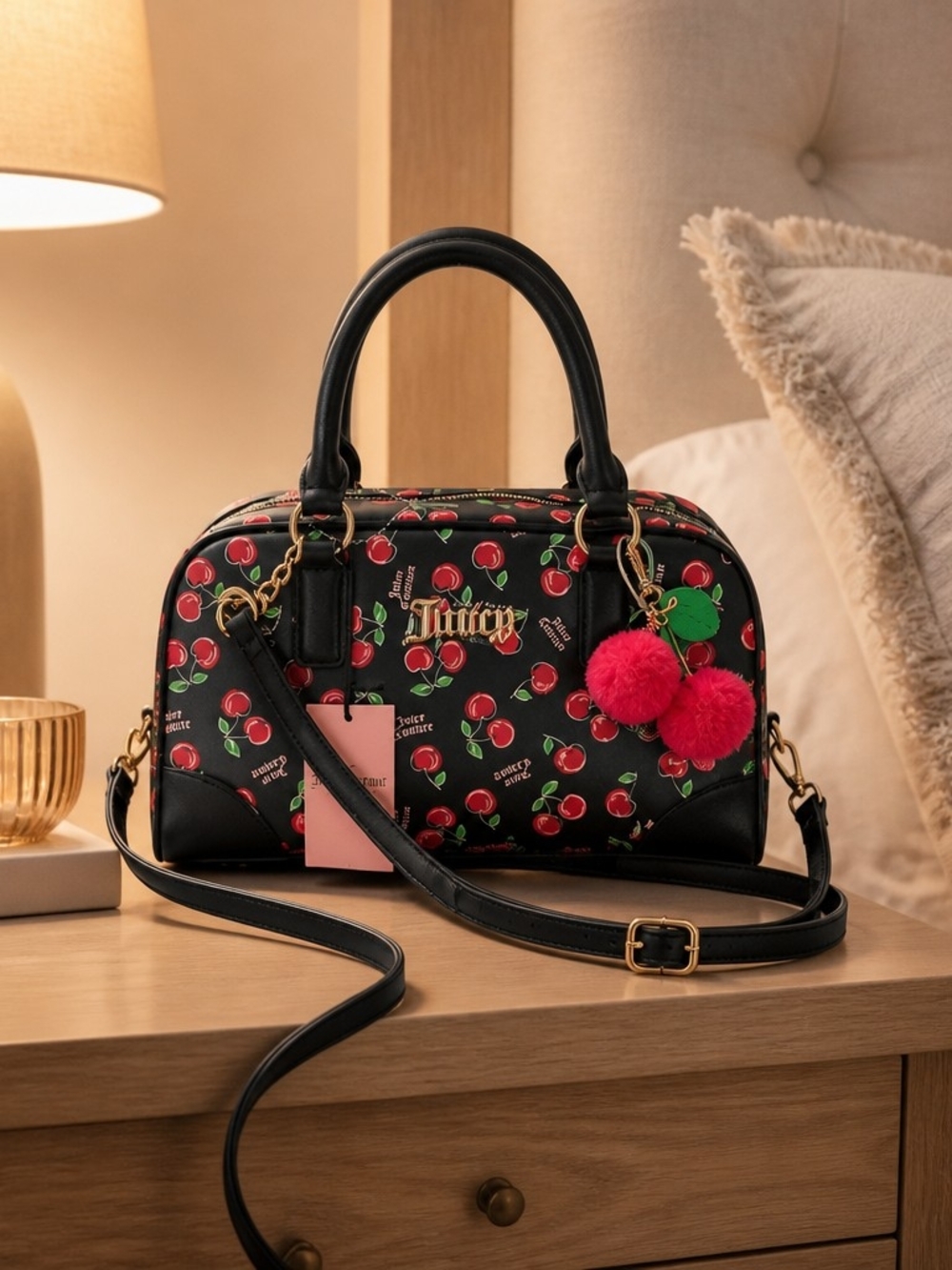 Juicy Couture Black Cherry Print Crossbody Satchel Bag